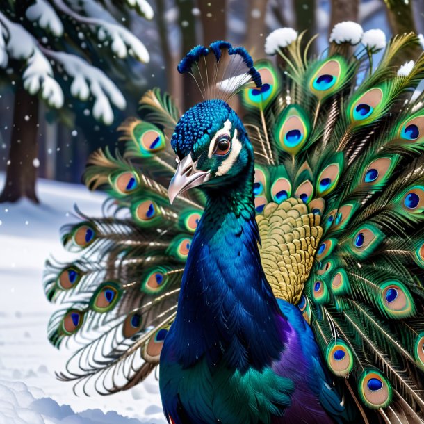 Foto de una sonrisa de un pavo real en la nieve