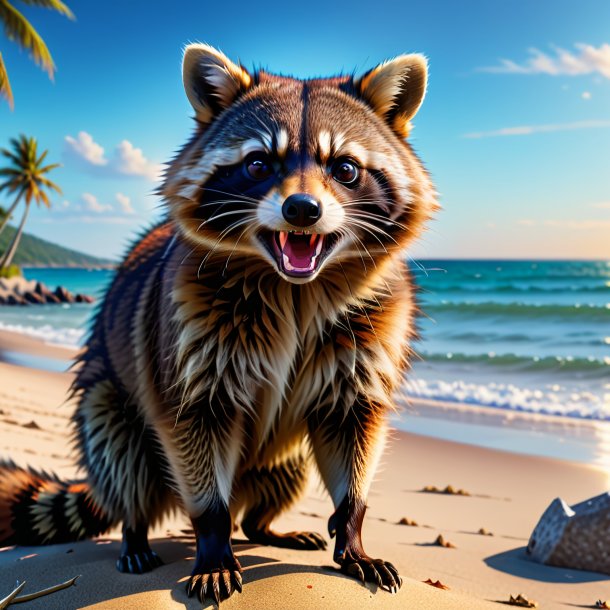 Picture of a angry of a raccoon on the beach