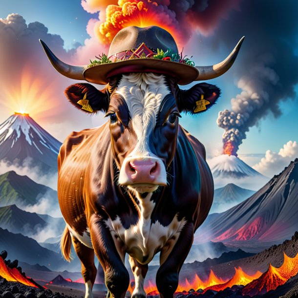 Photo of a cow in a hat in the volcano