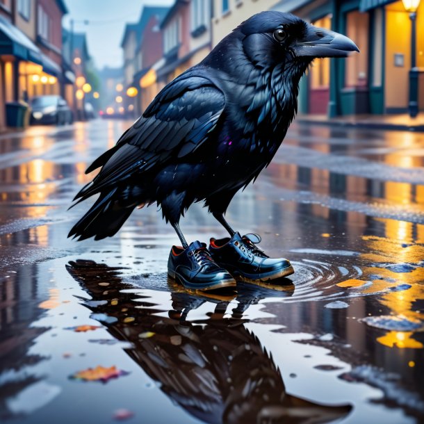 Picture of a crow in a shoes in the puddle