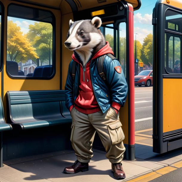 Drawing of a badger in a trousers on the bus stop