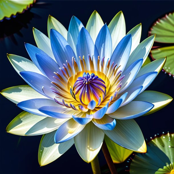 "drawing of a blue water lily, white"