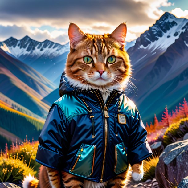 Pic d'un chat dans une veste dans les montagnes