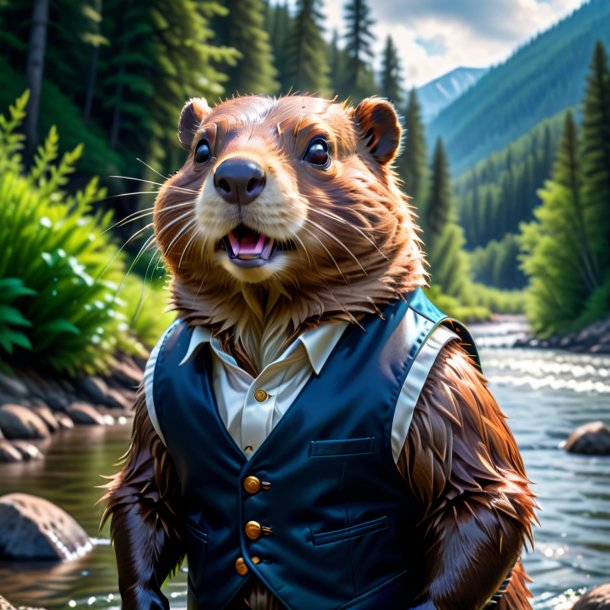 Picture of a beaver in a vest in the river