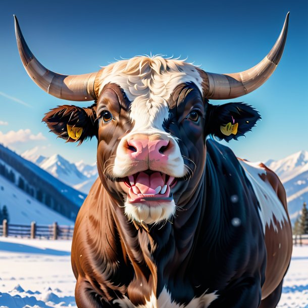 Picture of a smiling of a bull in the snow