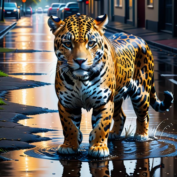 Drawing of a jaguar in a trousers in the puddle