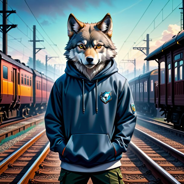 Ilustración de un lobo en una sudadera con capucha en las vías del tren