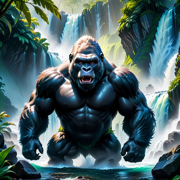 Picture of a threatening of a gorilla in the waterfall