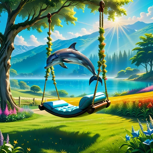 Picture of a swinging on a swing of a dolphin in the meadow