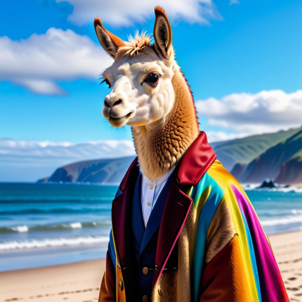 Picture of a llama in a coat on the beach