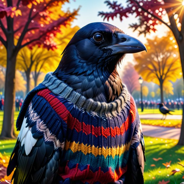 Image of a crow in a sweater in the park