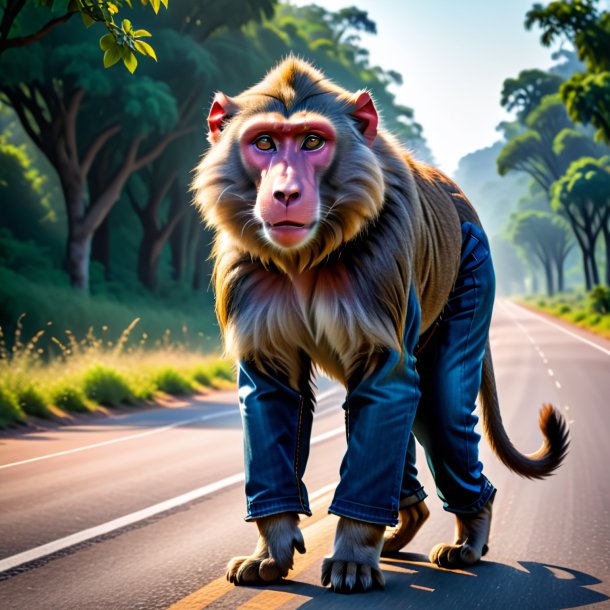 Picture of a baboon in a jeans on the road