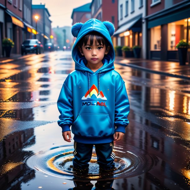 Photo of a mol in a hoodie in the puddle