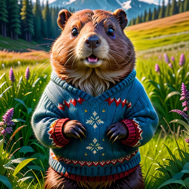 Picture of a beaver in a sweater in the meadow