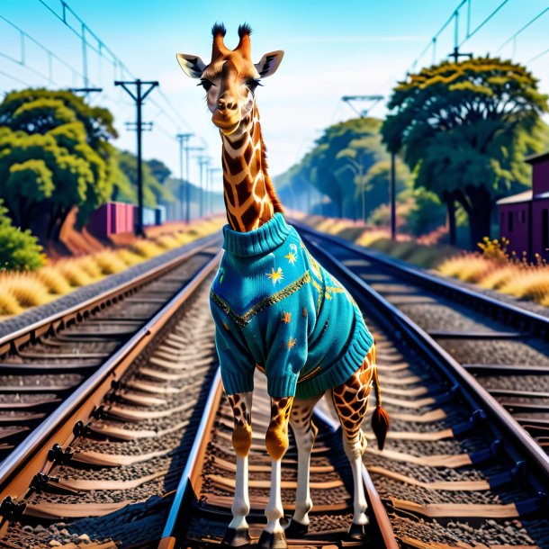 Imagen de una jirafa en un suéter en las vías del ferrocarril