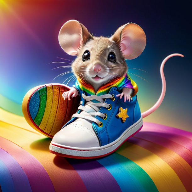 Dessin d'une souris dans une chaussure sur l'arc-en-ciel