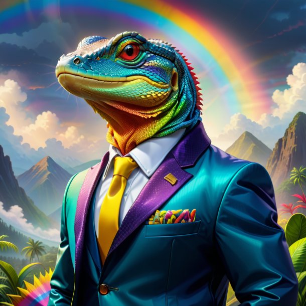 Ilustración de un lagarto monitor en una chaqueta en el arco iris