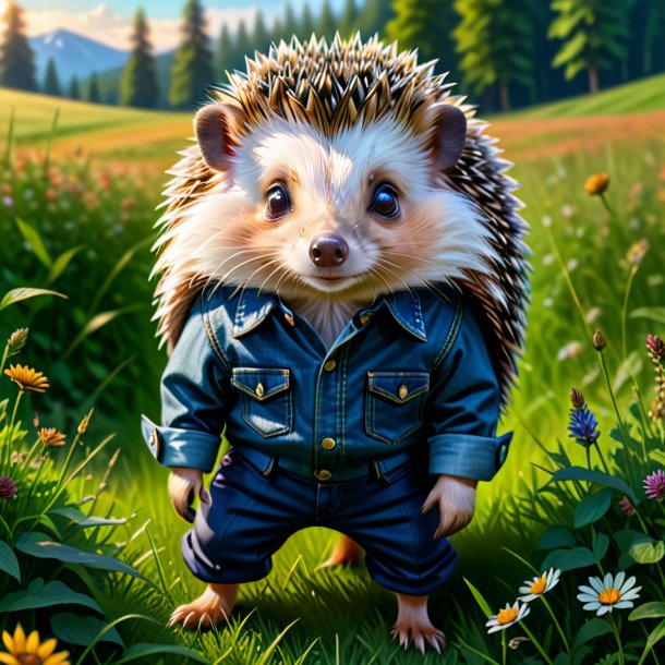 Drawing of a hedgehog in a trousers in the meadow