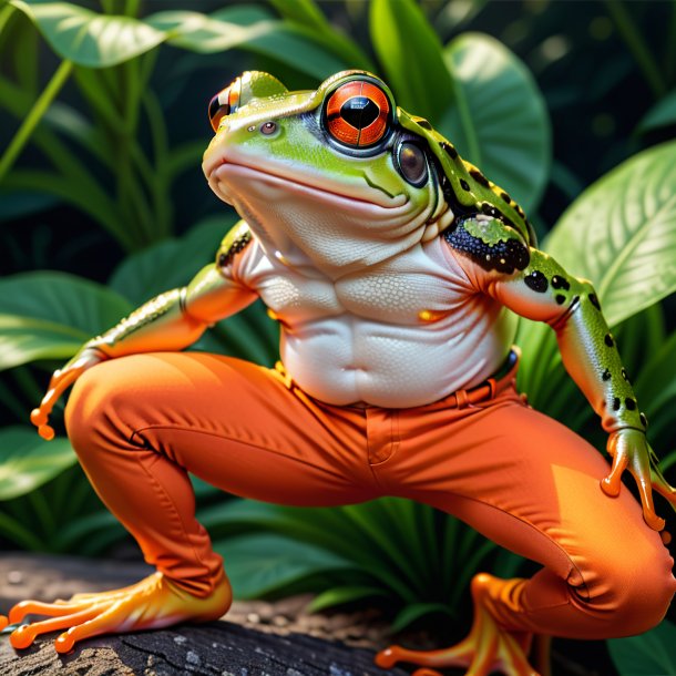 Image of a frog in a orange jeans