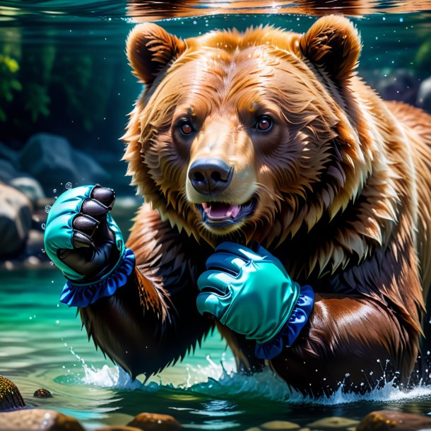 Photo of a bear in a gloves in the water