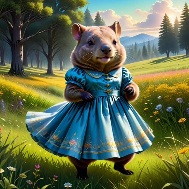 Drawing of a wombat in a dress in the meadow