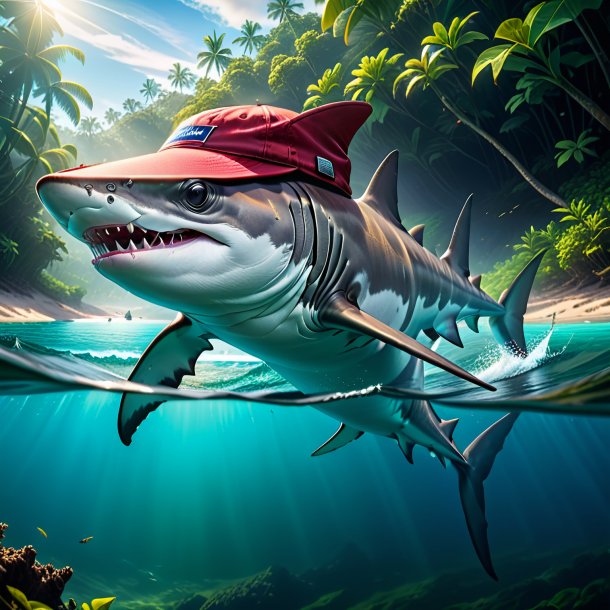 Picture of a hammerhead shark in a cap in the river