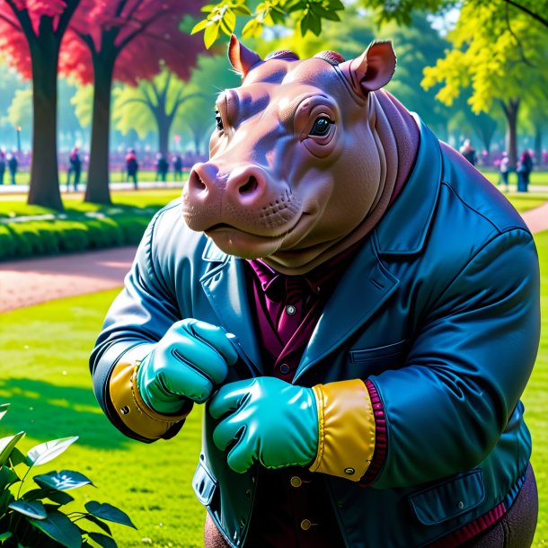 Photo of a hippopotamus in a gloves in the park