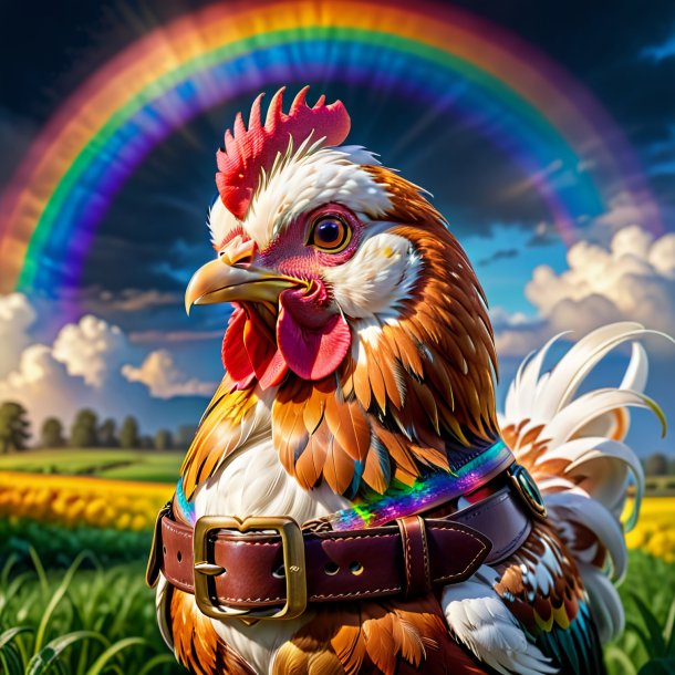 Image of a hen in a belt on the rainbow