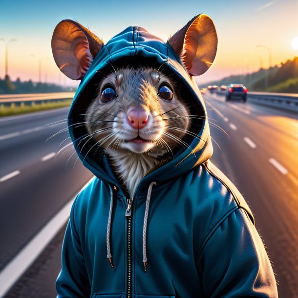 Photo of a rat in a hoodie on the highway