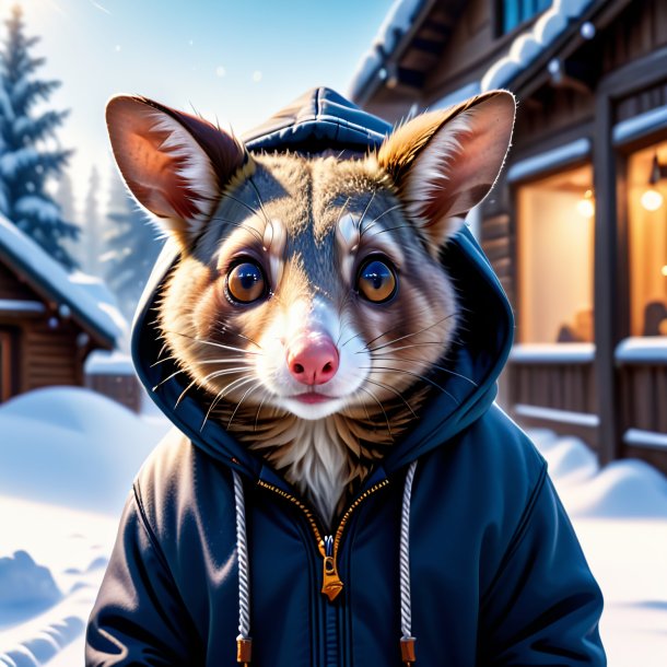 Photo of a possum in a hoodie in the snow