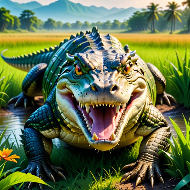 Picture of a threatening of a crocodile in the meadow