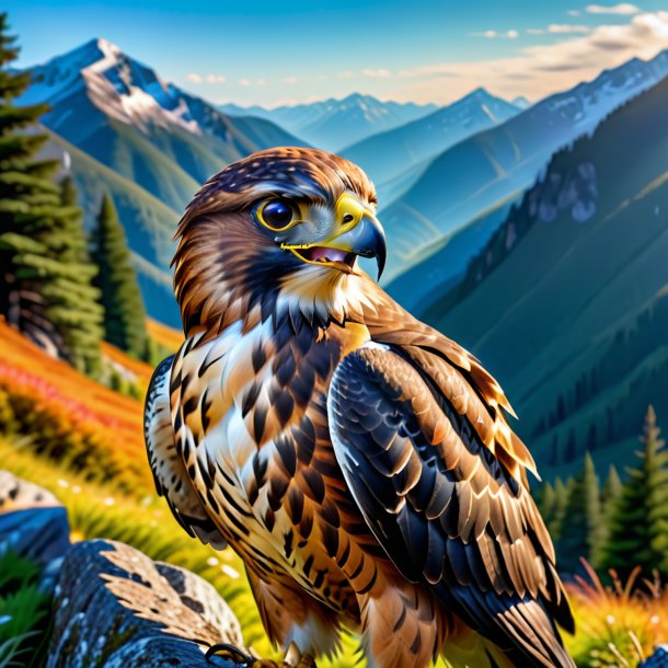 Image of a smiling of a hawk in the mountains