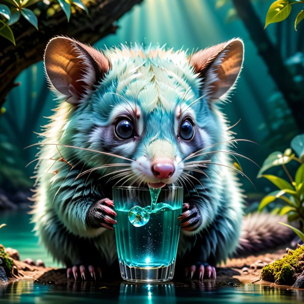 Pic d'un opossum à boire aquamarine