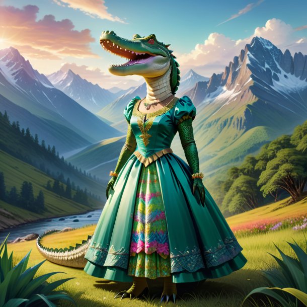 Illustration of a crocodile in a dress in the mountains