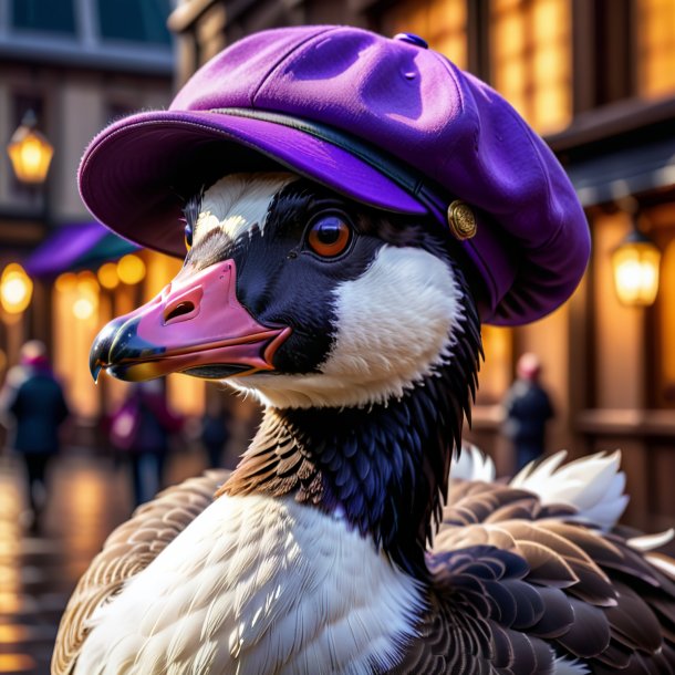 Picture of a goose in a purple cap