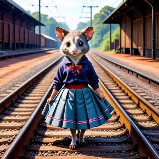 Illustration of a possum in a skirt on the railway tracks