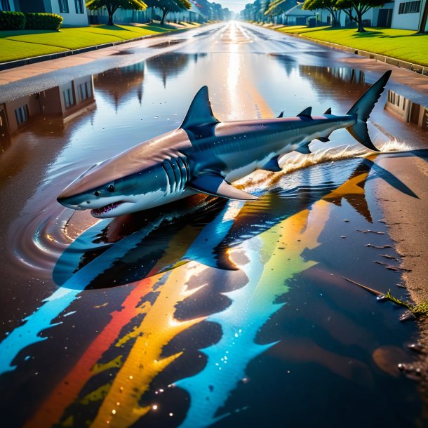 Pic of a swimming of a shark in the puddle