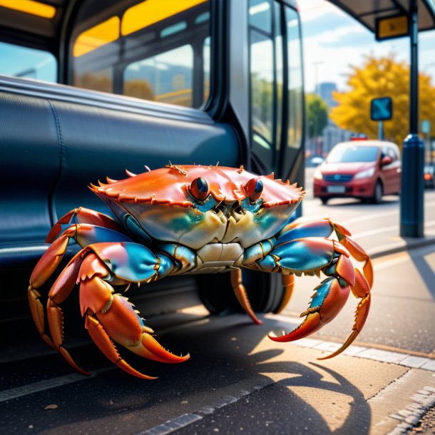 Imagem de um caranguejo em uma calça no ponto de ônibus