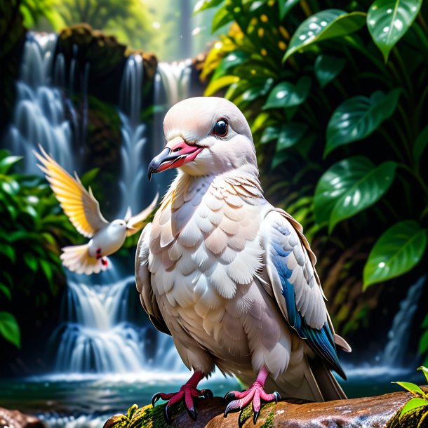 Photo of a smiling of a dove in the waterfall