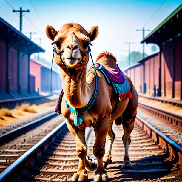 Foto de un camello en guantes en las vías del tren