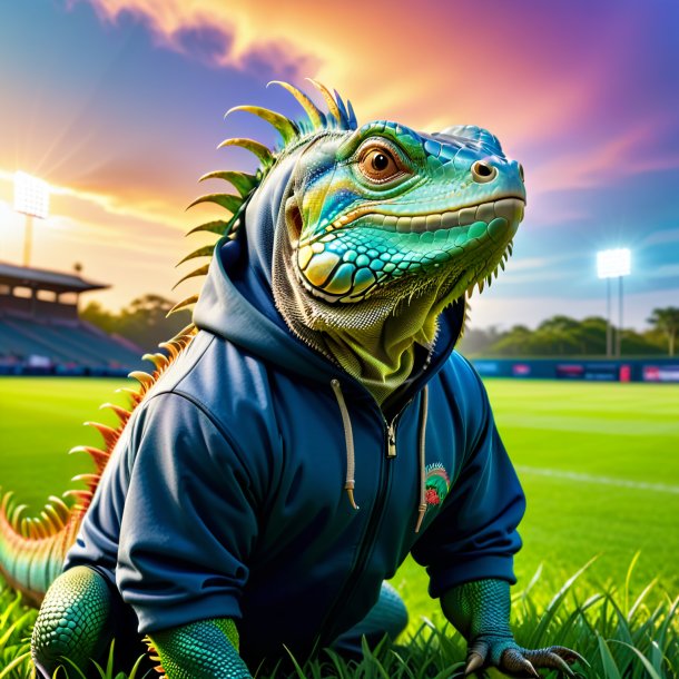 Imagem de uma iguana em um hoodie no campo