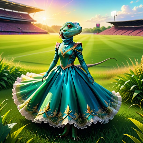 Ilustración de un lagarto en un vestido en el campo