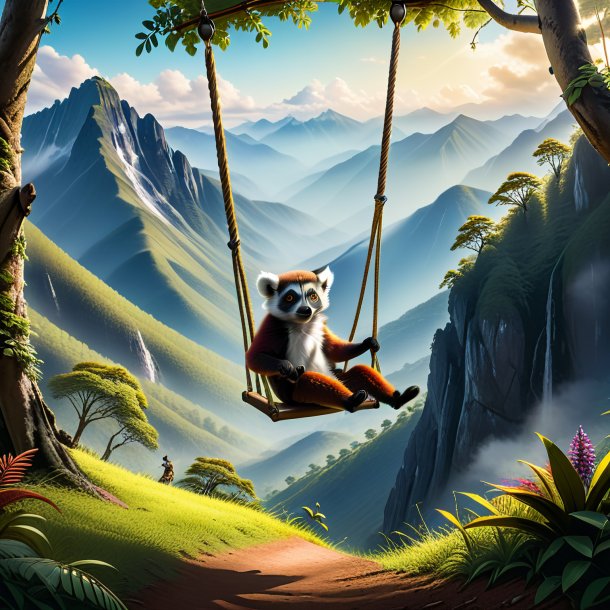 Pic of a swinging on a swing of a lemur in the mountains