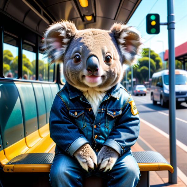 Foto de un koala en jeans en la parada de autobús