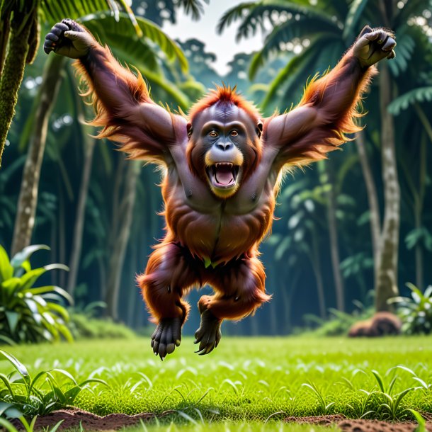 Picture of a jumping of a orangutan on the field