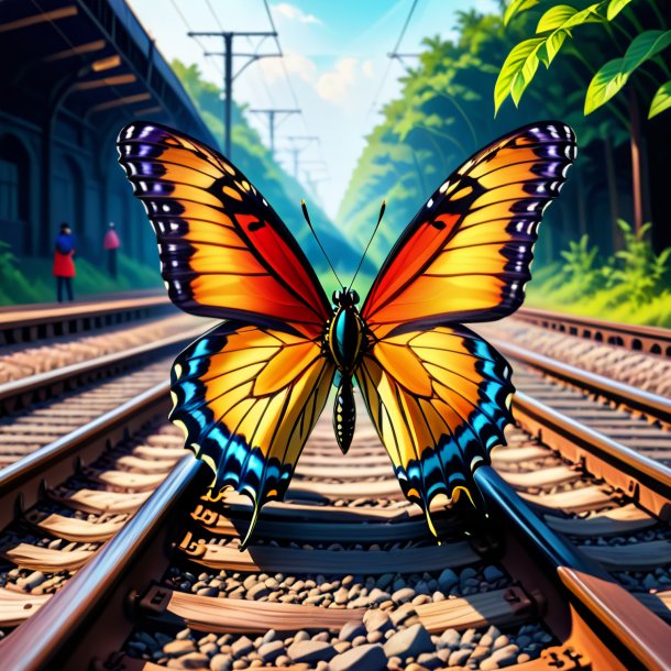 Illustration of a butterfly in a cap on the railway tracks