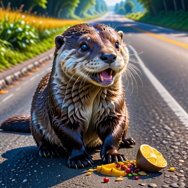 Imagem de um comer de uma lontra na estrada