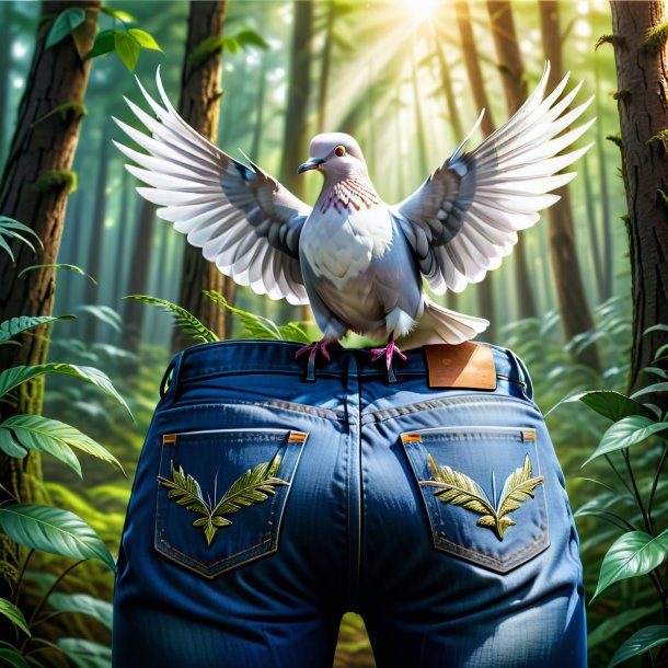 Drawing of a dove in a jeans in the forest