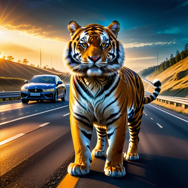 Photo of a tiger in a belt on the highway