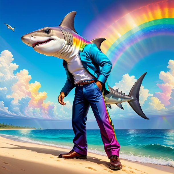 Drawing of a hammerhead shark in a trousers on the rainbow